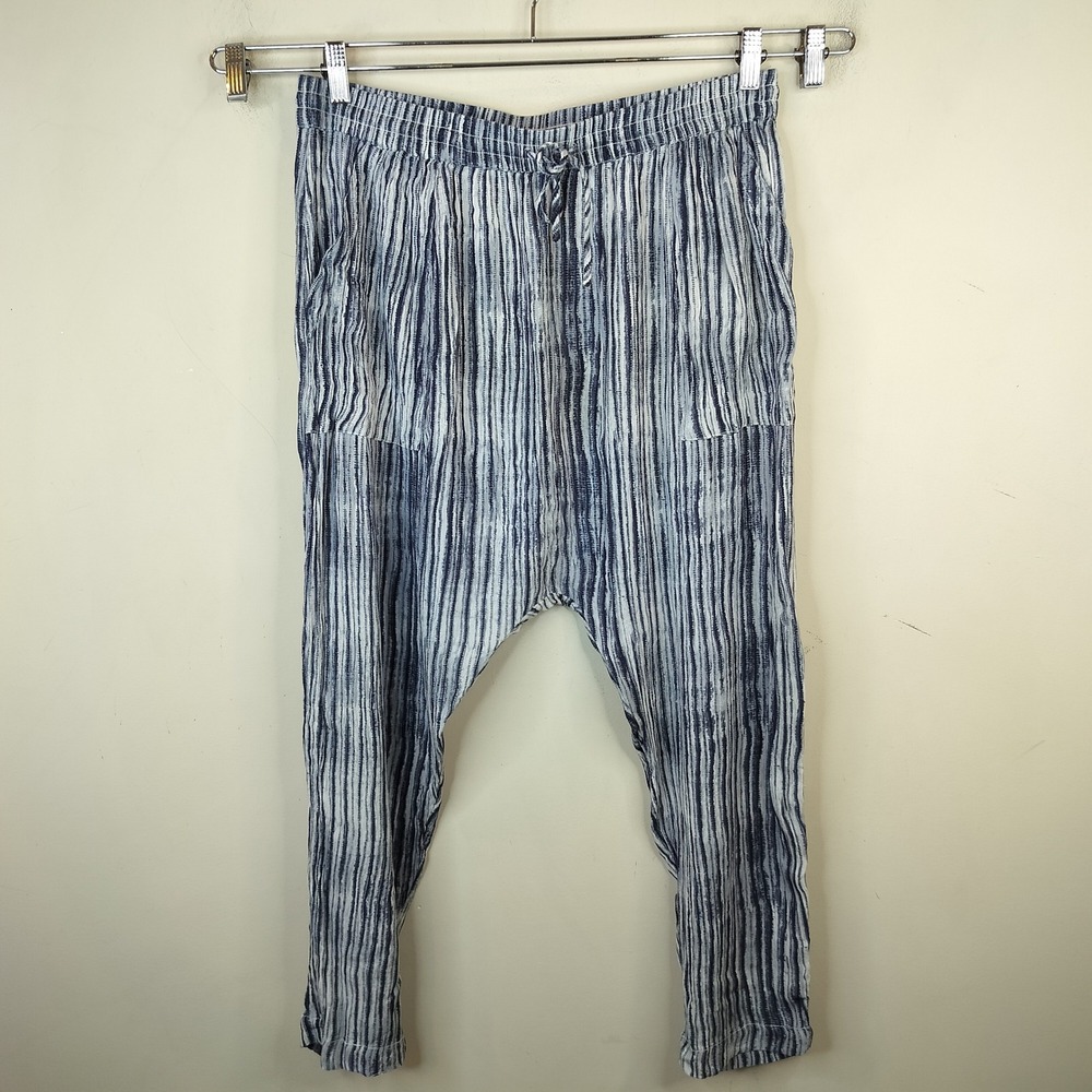 Free People Harem Pants Large Striped Drop Crotch Drawstring Pockets Blue White